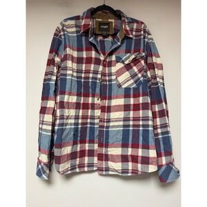 CQR Flannel Shirt Mens XL Blue‎ Red Plaid Excellent Corduroy Trim Cotton 9115
